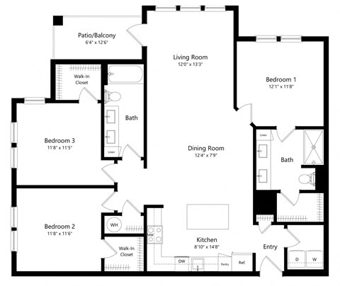 Floor plan for 3 beds, 2 baths, 1435 sqft